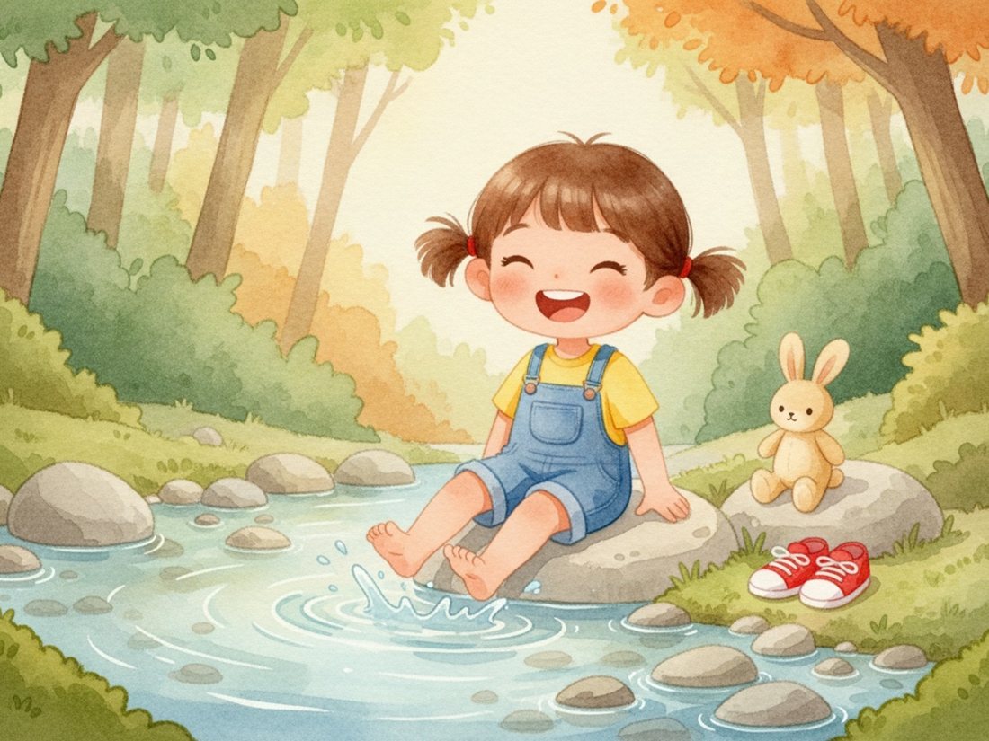 Ein lachendes Kind sitzt an einem Bach und planscht mit den Füßen im Wasser