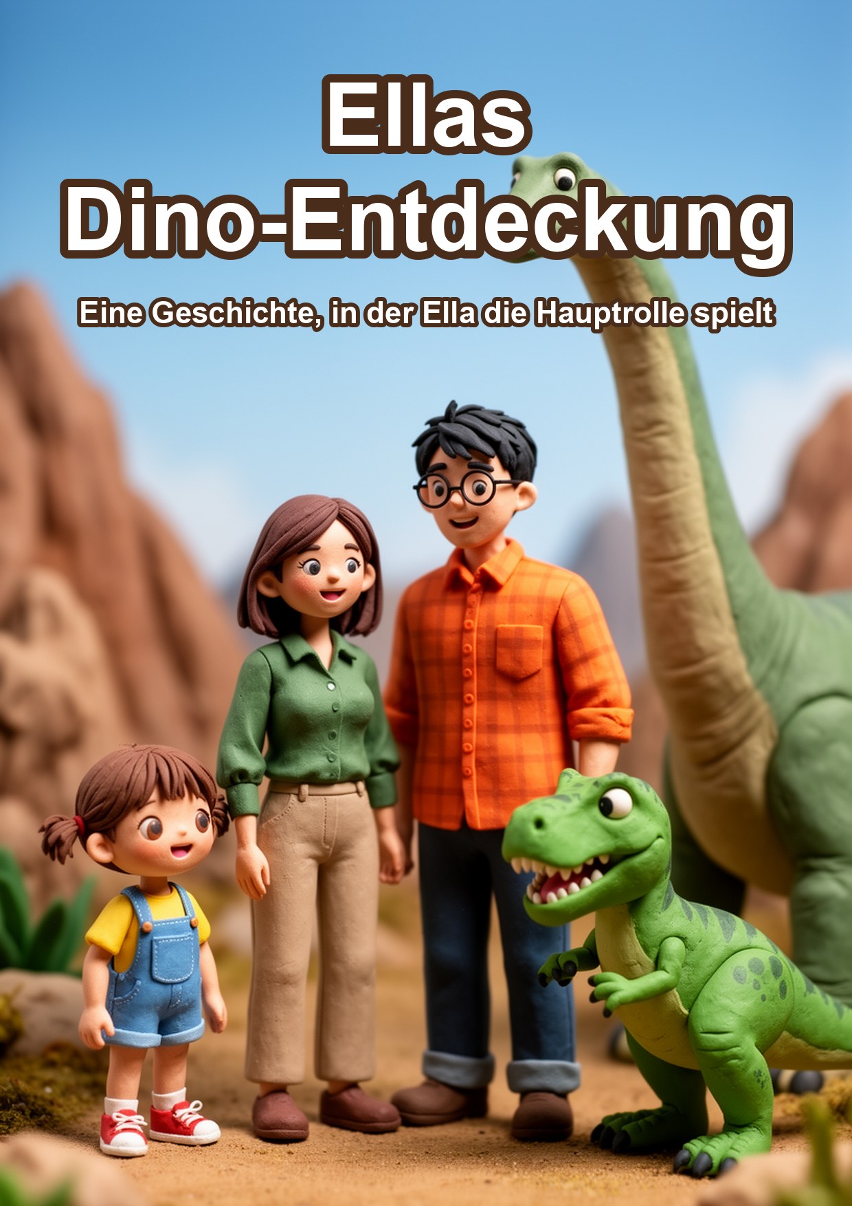 Ein Buchcover im 3D-Stil zeigt ein Kind mit Familie und einem Dinosaurier
