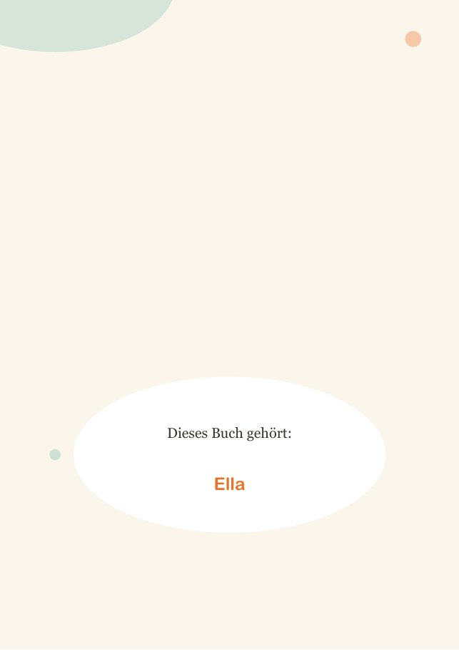 Eine Buchseite mit der eingedruckten Zeile „Dieses Buch gehört: Ella“
