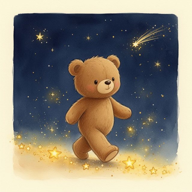 Ein Teddybär läuft allein durch goldene Sterne