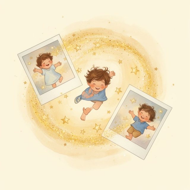 Mehrere Polaroidfotos eines Kindes, von goldenem Licht umkreist