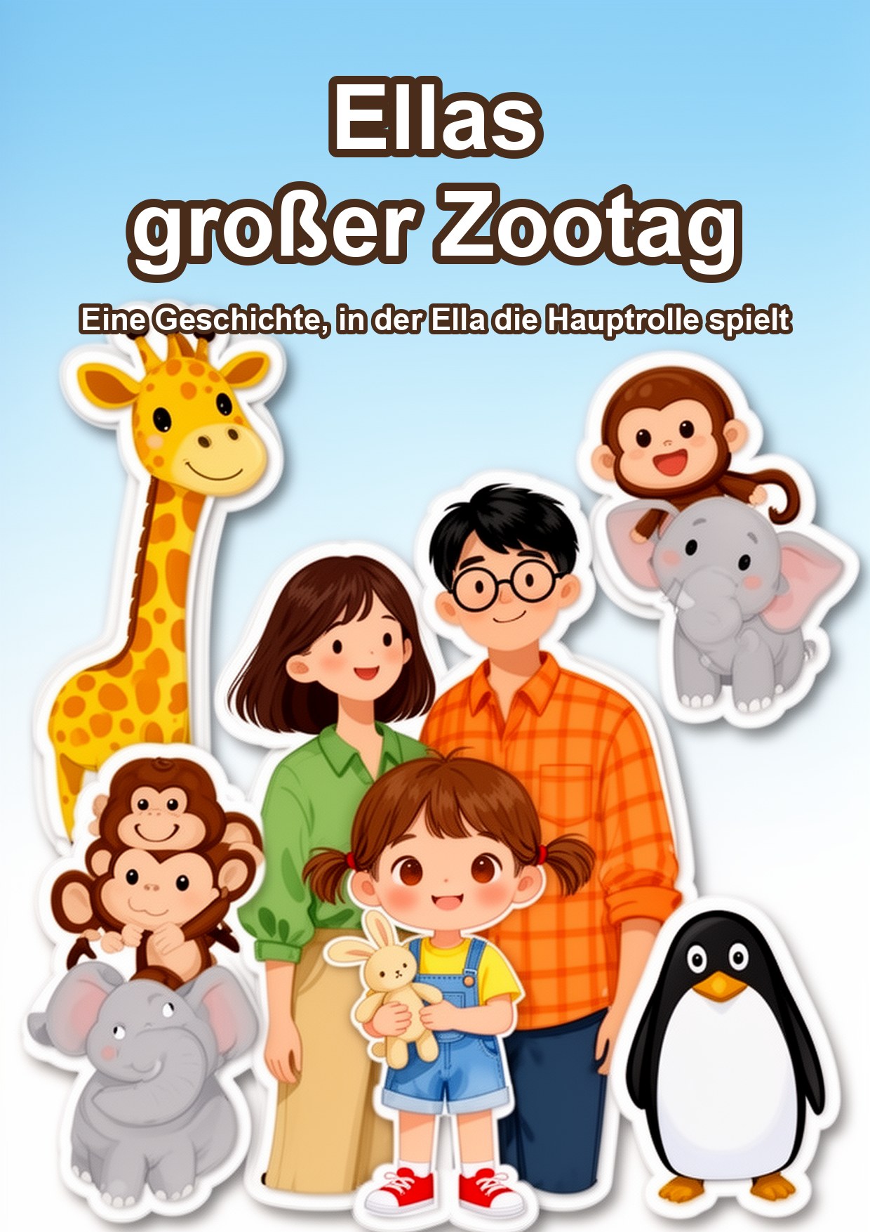 Ein Buchcover im Sticker-Stil zeigt ein Kind mit Zootieren