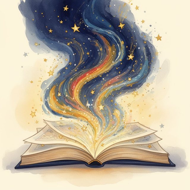 Farbige Lichtbänder strömen aus einem aufgeschlagenen Buch