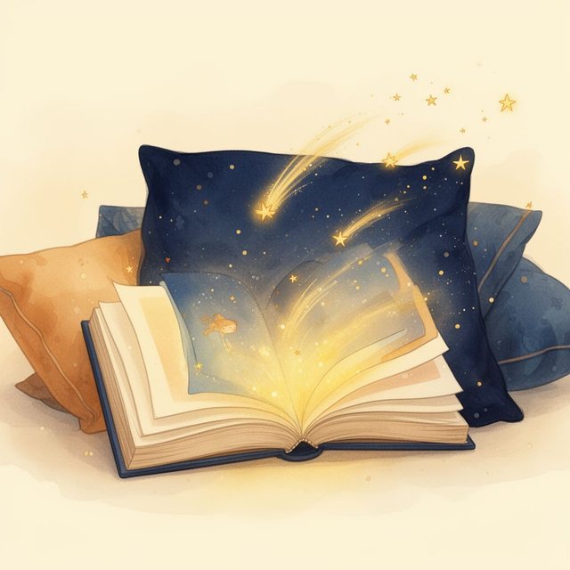 Ein aufgeschlagenes Buch liegt auf Kissen, goldenes Licht steigt aus den Seiten